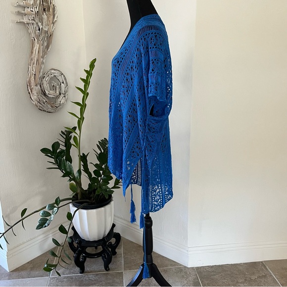 Open Knit Cover up Royal Blue Drawstring ruched sides one size - Picture 4 of 12